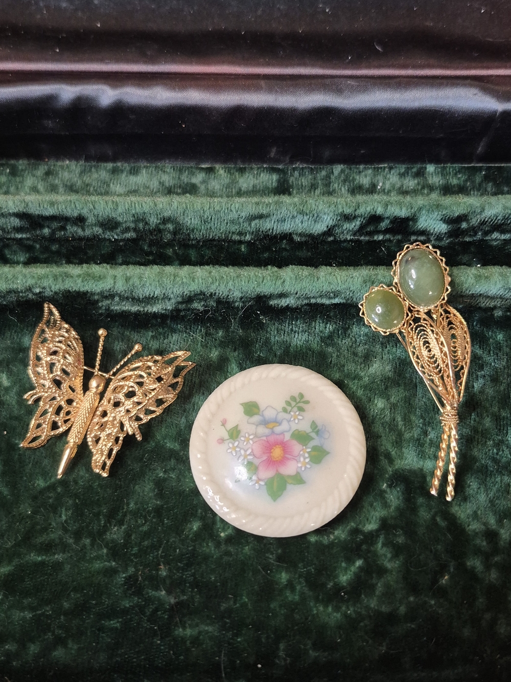Monet Gold Filigree Butterfly, Avon Flower, Green Stone Filigree Brooches
